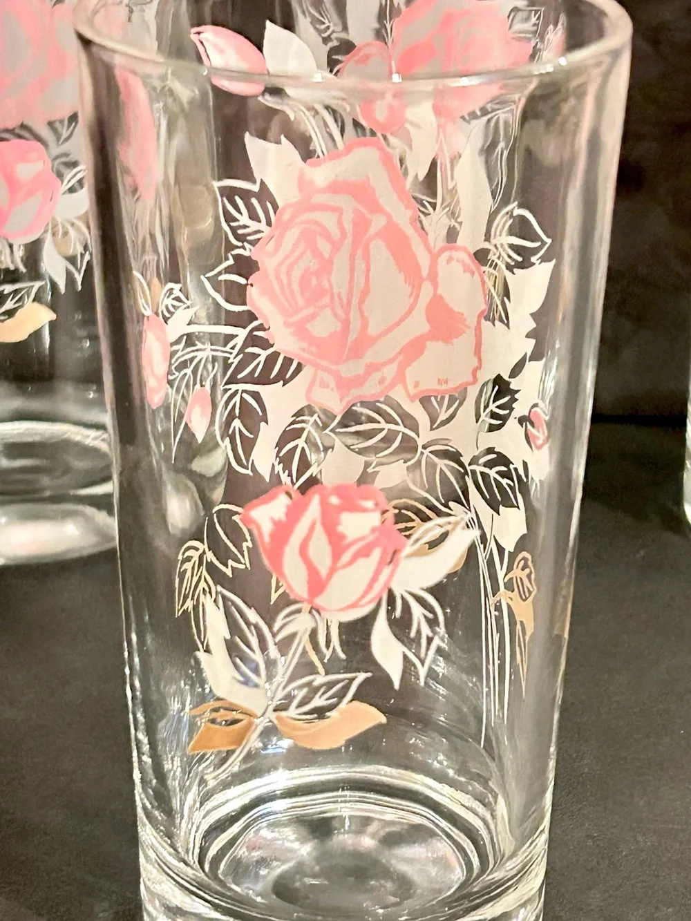 Vintage Mid Century Pink Rose Highball Drinking Glasses - Set of 4